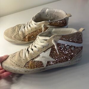 Golden Goose Women's Glitter High-Top Sneakers in Rose Gold and Cream
